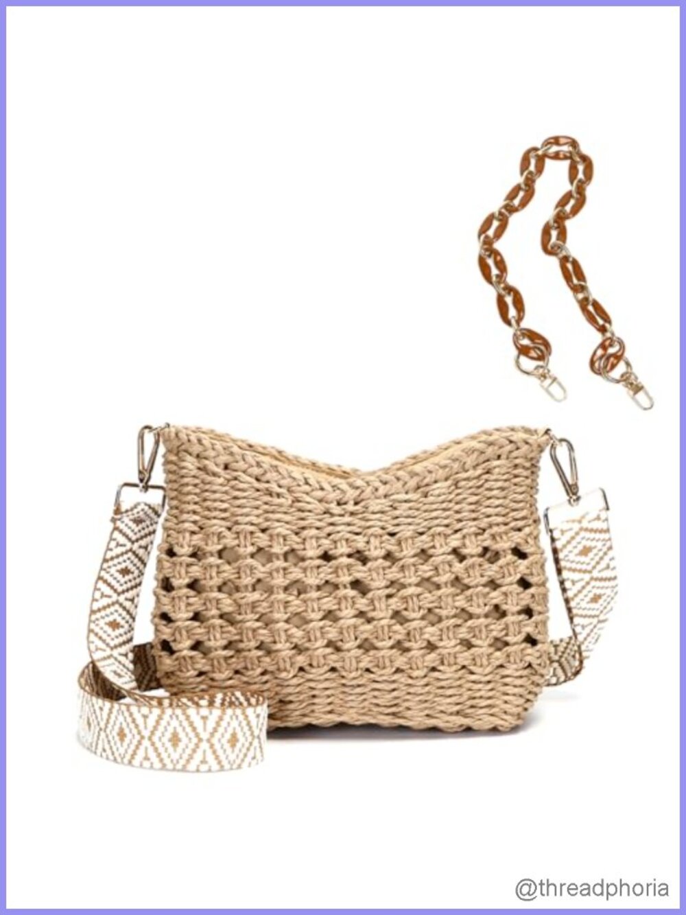 Women's Woven Straw Crossbody Bag with Chain & Guitar Straps